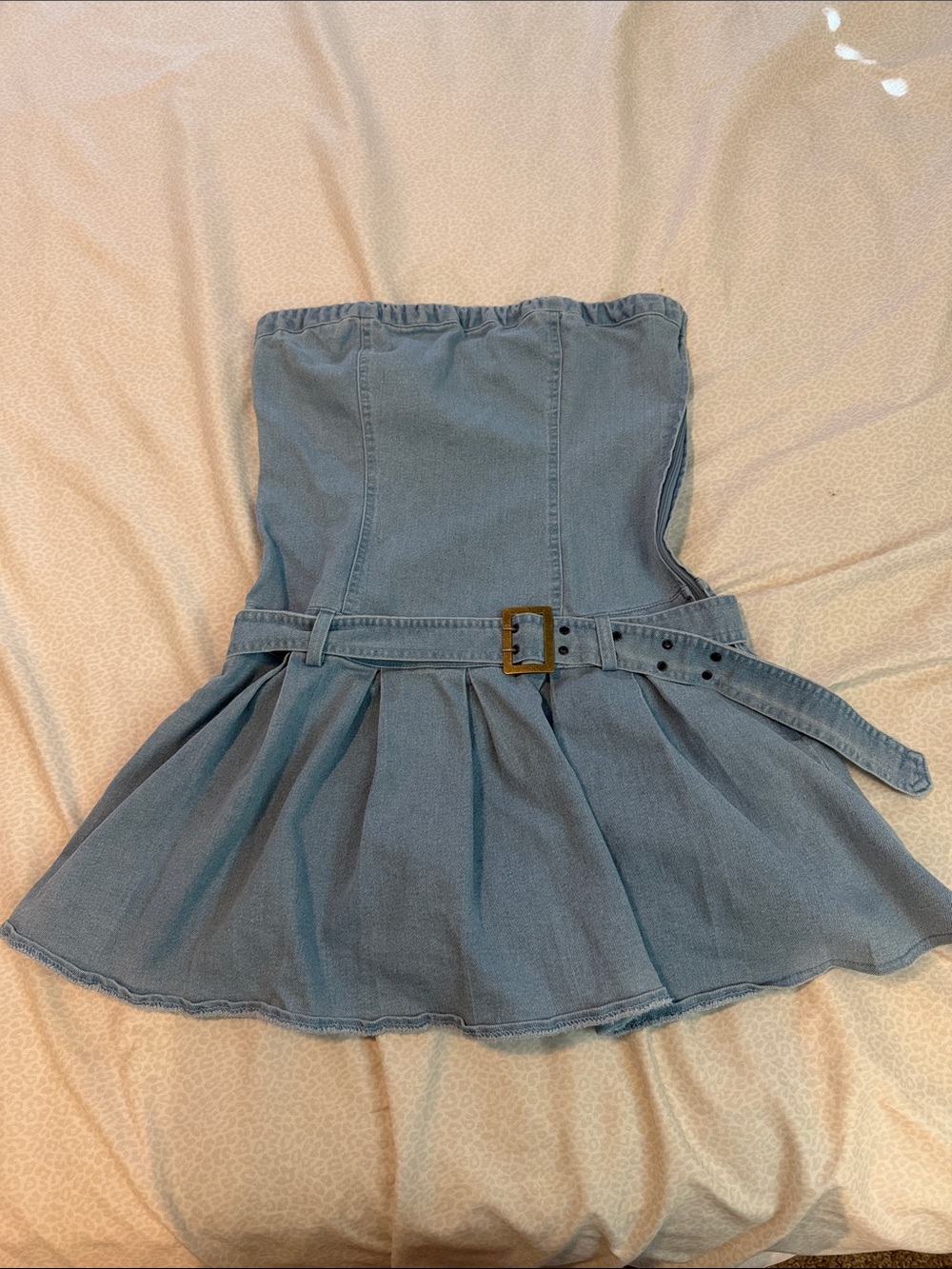 Women’s Blue Denim Strapless Belted Skater Dress